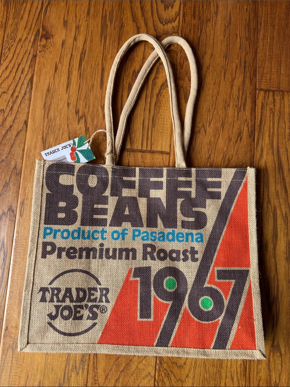Trader Joe's Tan & Orange Coffee Beans Jute Tote